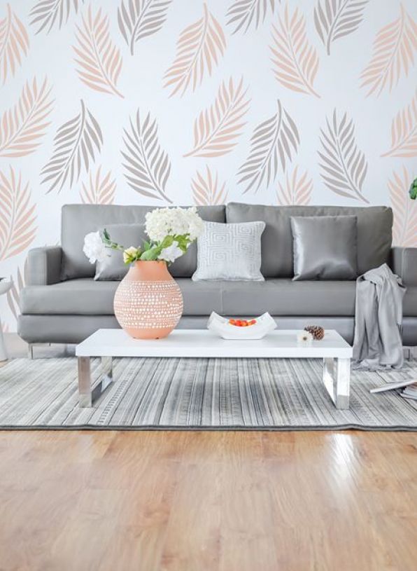 Stencil foglia palma tropicale per realizzare parete decorativa soggiorno della propria casa, in colori pastello o colori metallizzati.